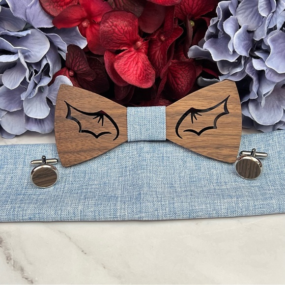 Handmade Wood Batwing Butterfly Bow Tie Cufflinks Blue Pocket Square Set - Picture 4 of 16
